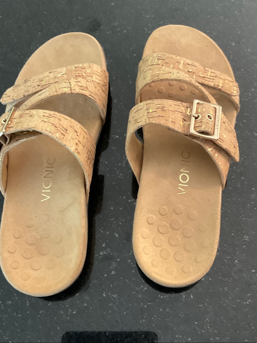 Vionic Tan with silver metallic  Dual Strap Slide Sandals with Buckle